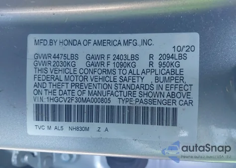 2021 Honda Accord Sport 2.0T from USA, damaged, VIN 1HGCV2F30MA000805